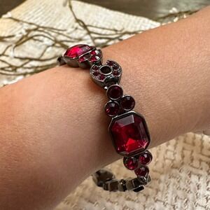 Givenchy‎ Vintage Red Facet Rhinestone Bracelet Chrome Chain